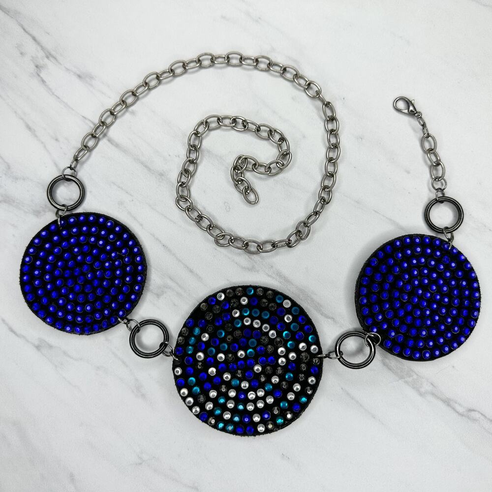 Blue Rhinestone Studded Silver Tone Chain Link Belt OS One Size